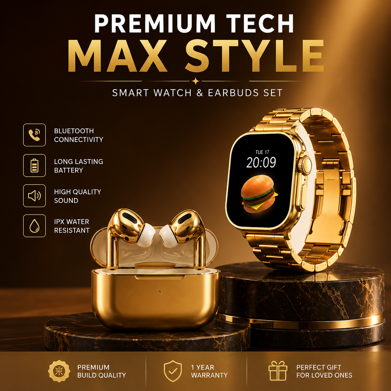Luxury Gold Smart Watch & Wireless Earbuds Set – Premium Edition