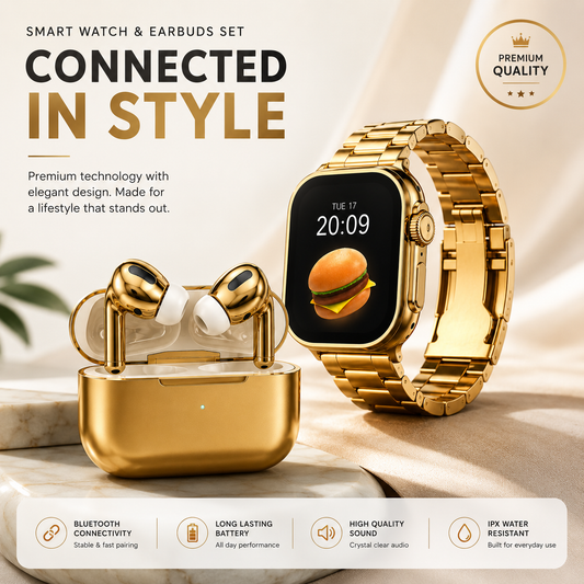 Luxury Gold Smart Watch & Wireless Earbuds Set – Premium Edition