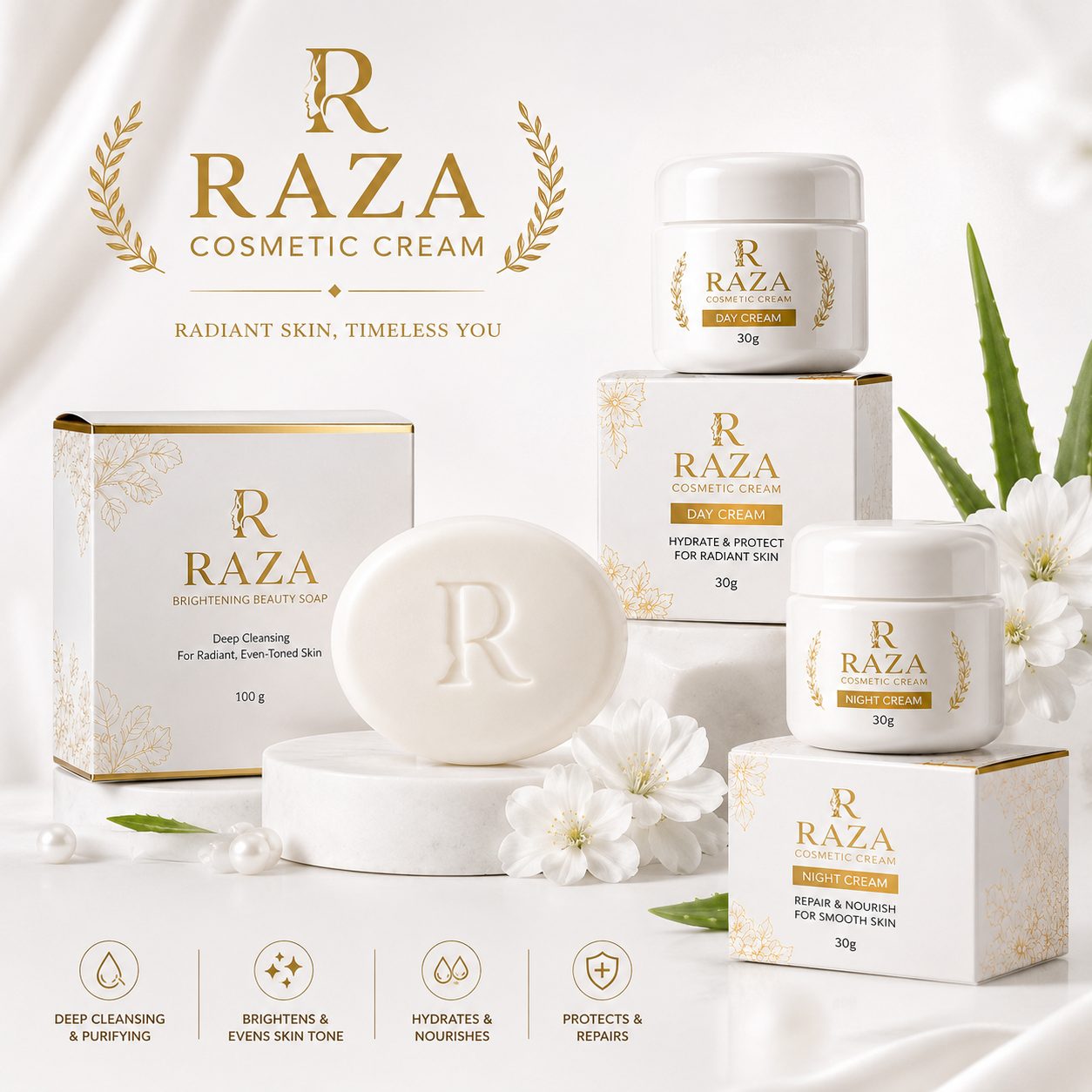 Raza Whitening Skincare Kit – Day Cream, Night Cream & Beauty Soap